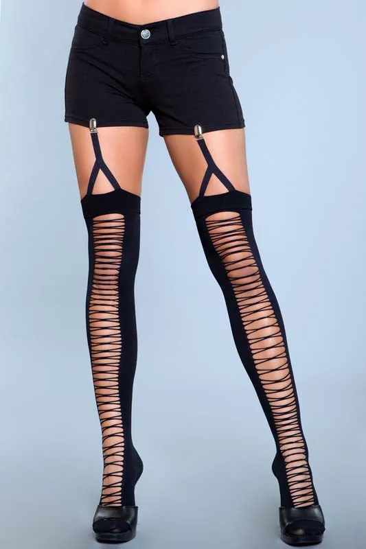 Be Wicked Couples Lace Up Illusion Opaque Thigh Highs With Attached Garter