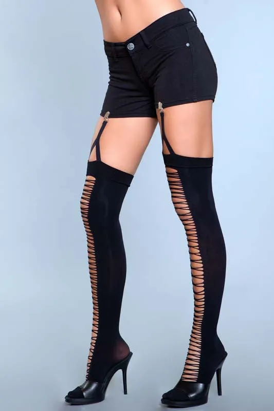 Be Wicked Couples | Lace Up Illusion Opaque Thigh Highs With Attached Garter