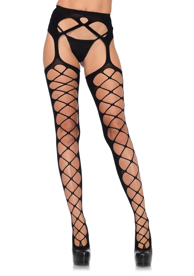 Bodystockings Playsuits Leg Avenue Diamond Net Opaque Stockings With Attached Garter Black One Size