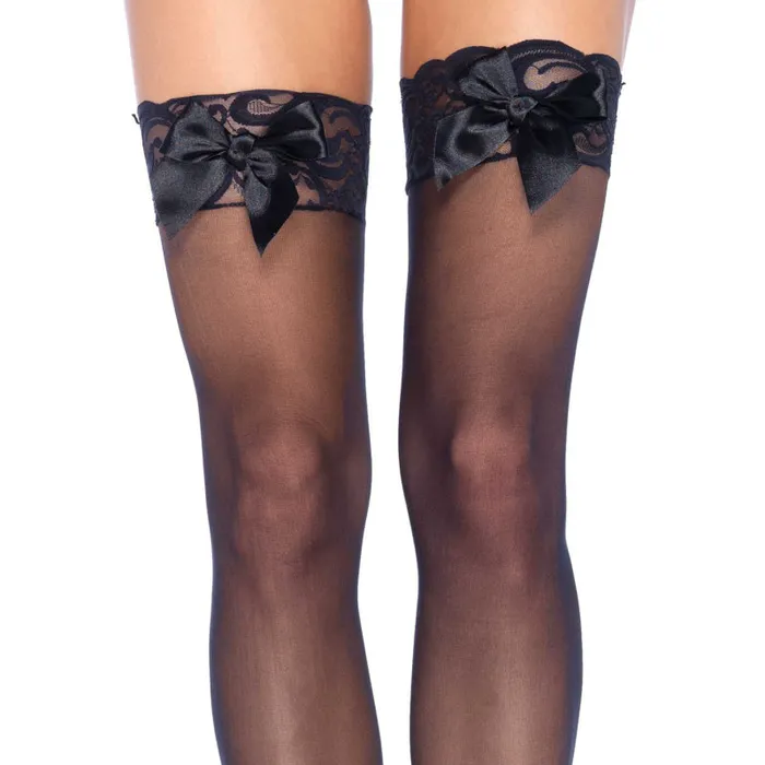 Sheer Lace Top Thigh Highs With Satin Bow Accent One Size Black Leg Avenue Bodystockings Playsuits