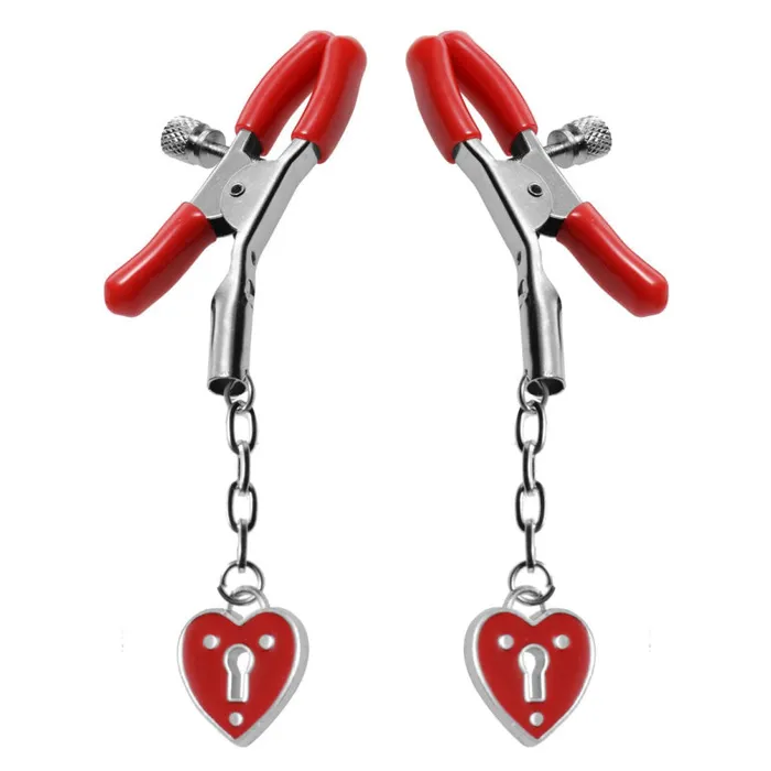 XR Brands Master Series Charmed Heart Padlock Nipple Clamps Female Sex Toys