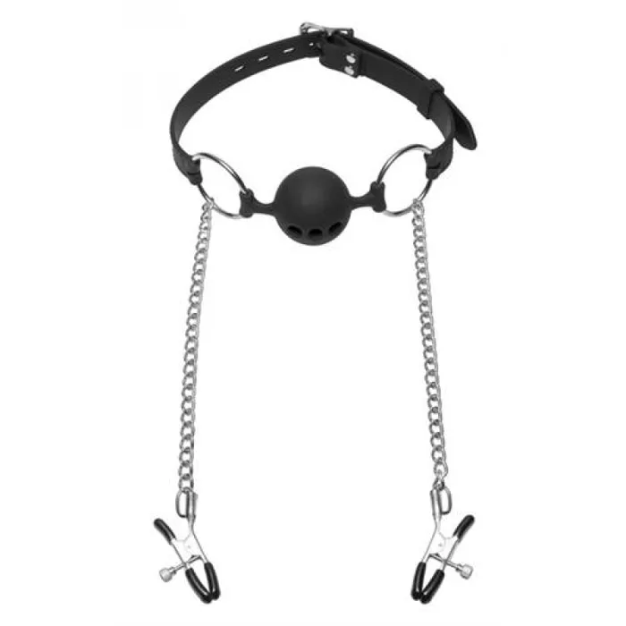 XR Brands Master Series Hinder Silicone Breathable Ball Gag and Nipple Clamps Male Sex Toys