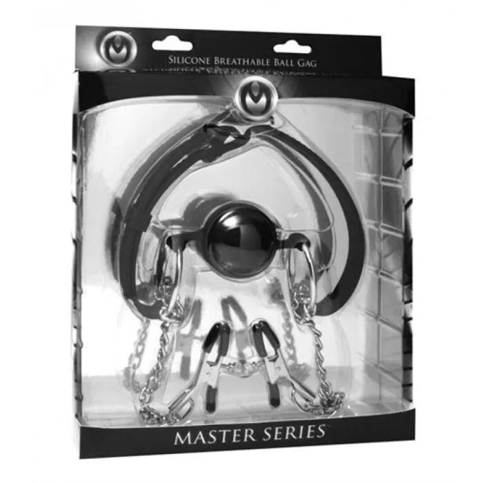 XR Brands Master Series Hinder Silicone Breathable Ball Gag and  Nipple Clamps | Male Sex Toys