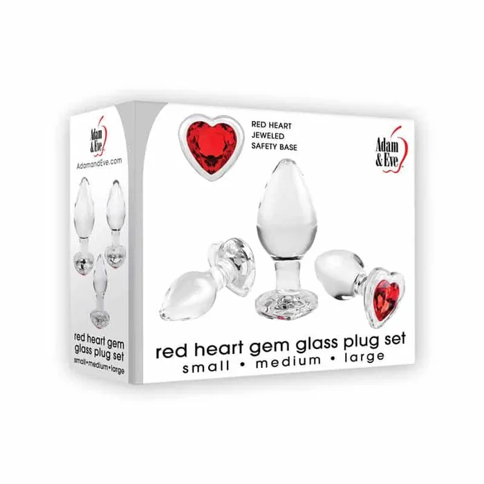 Adam Eve Anal Adam Eve RED HEART GEM GLASS PLUG SET Clear Glass Butt Plugs Set of 3 Sizes