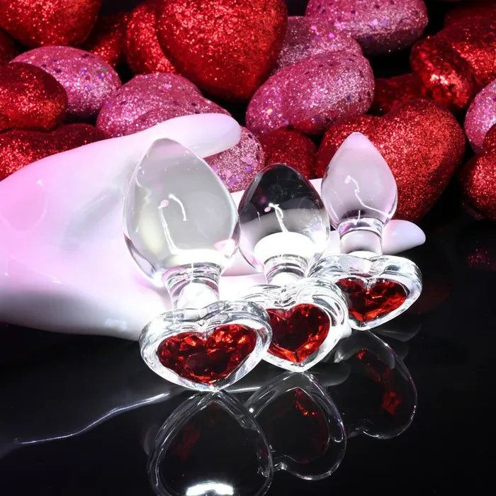 Adam Eve Anal Adam Eve RED HEART GEM GLASS PLUG SET Clear Glass Butt Plugs Set of 3 Sizes