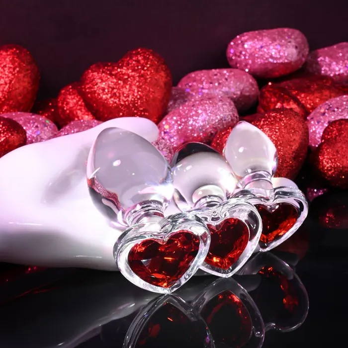 Adam Eve Anal Adam Eve RED HEART GEM GLASS PLUG SET Clear Glass Butt Plugs Set of 3 Sizes