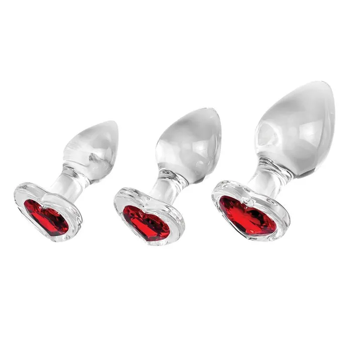 Adam Eve Anal Adam Eve RED HEART GEM GLASS PLUG SET Clear Glass Butt Plugs Set of 3 Sizes