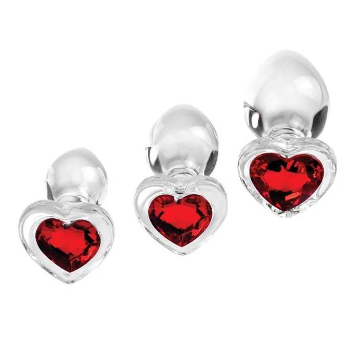 Adam Eve Anal Adam Eve RED HEART GEM GLASS PLUG SET Clear Glass Butt Plugs Set of 3 Sizes