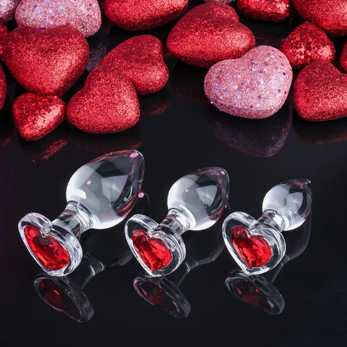 Adam Eve Anal Adam Eve RED HEART GEM GLASS PLUG SET Clear Glass Butt Plugs Set of 3 Sizes