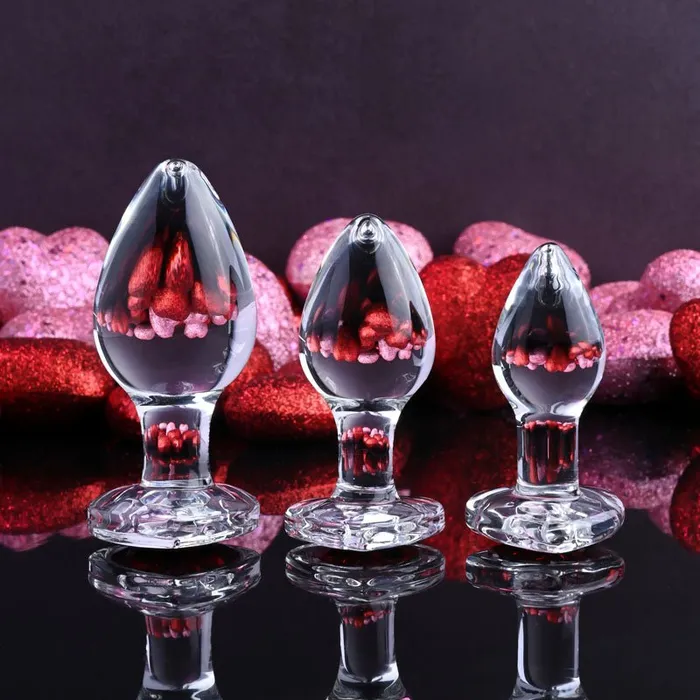 Adam Eve Anal Adam Eve RED HEART GEM GLASS PLUG SET Clear Glass Butt Plugs Set of 3 Sizes