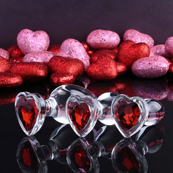 Adam Eve Anal Adam Eve RED HEART GEM GLASS PLUG SET Clear Glass Butt Plugs Set of 3 Sizes