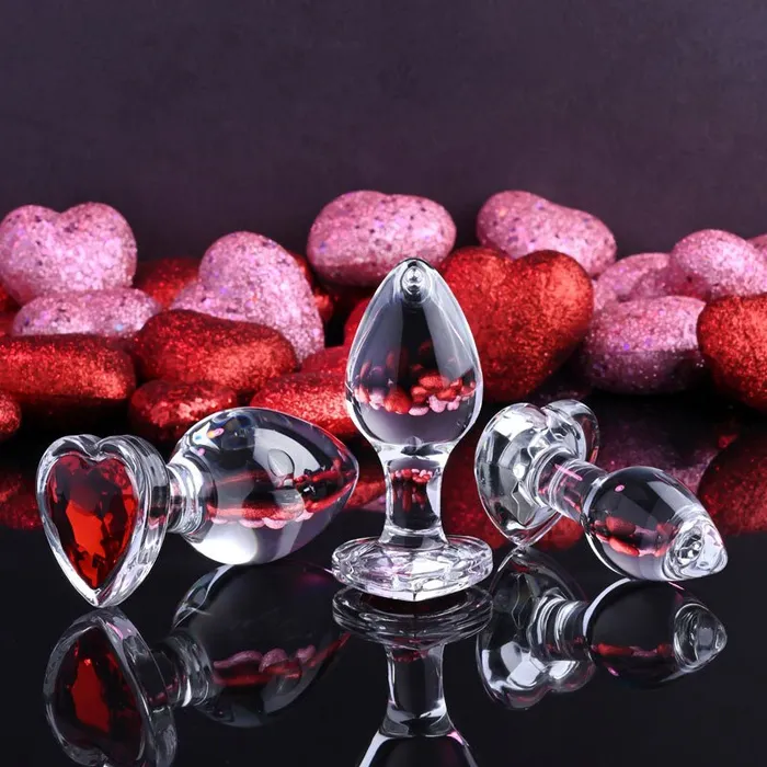 Adam Eve Anal Adam Eve RED HEART GEM GLASS PLUG SET Clear Glass Butt Plugs Set of 3 Sizes