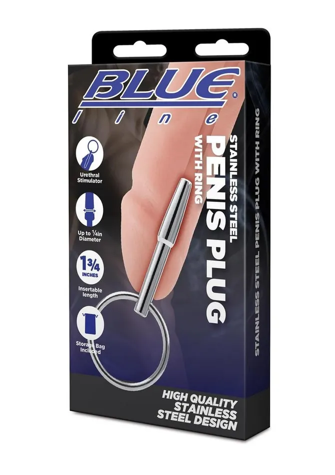 Male Sex Toys Blue Line Stainless Steel Penis Plug with Ring Blue Line CandB Gear