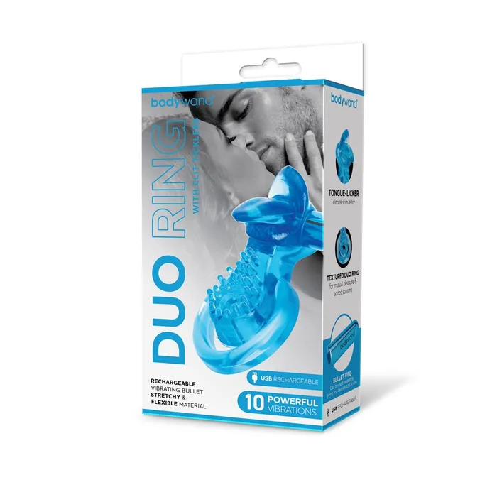 Male Sex Toys Bodywand Bodywand Rechargeable Duo Ring with Clit Tickler Blue Vibrating Cock Ring