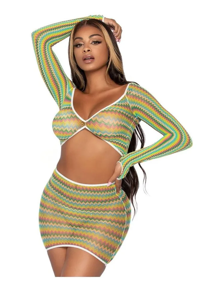 Male Sex Toys Leg Avenue Leg Avenue Zig Zag Net Gauntlet Sleeve Crop Top and Mini Skirt