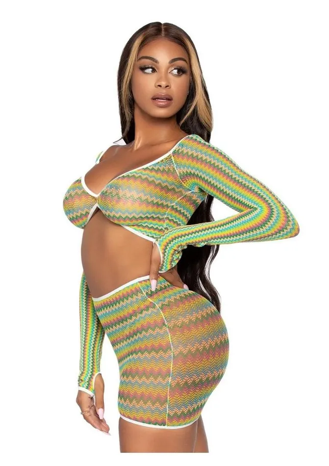 Male Sex Toys Leg Avenue Leg Avenue Zig Zag Net Gauntlet Sleeve Crop Top and Mini Skirt