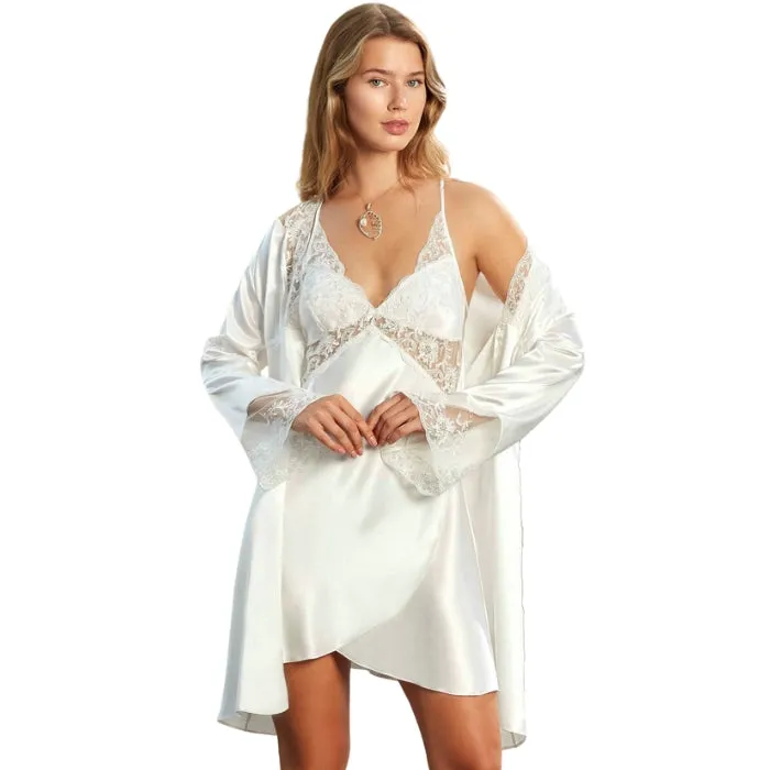 Anal SECDA Lace and Satin Short Nighty Gown Set White