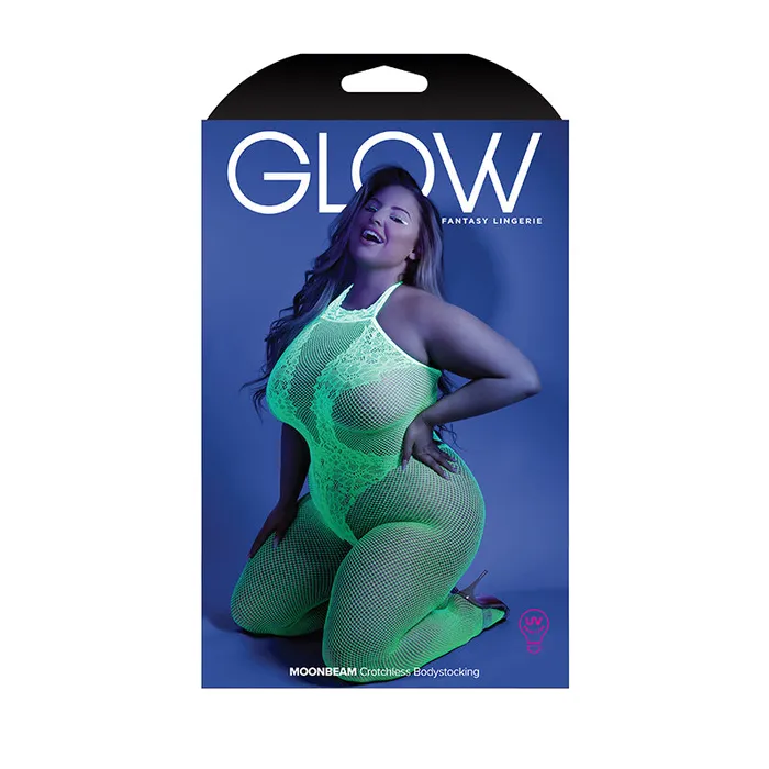 Dildos Fantasy Lingerie Glow Moonbeam Crotchless Bodystocking Neon Green Qs