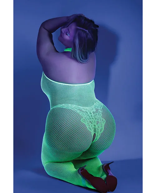 Dildos Fantasy Lingerie Glow Moonbeam Crotchless Bodystocking Neon Green Qs