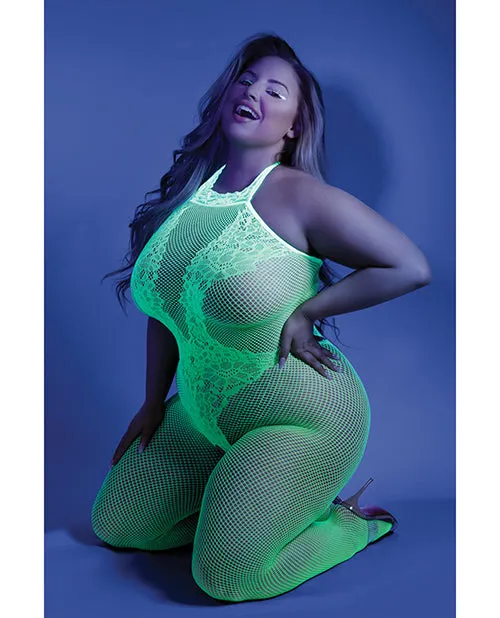 Dildos Fantasy Lingerie Glow Moonbeam Crotchless Bodystocking Neon Green Qs