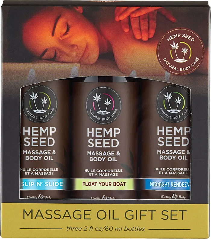 Earthly Body Enhancers Hemp Seed Massage and Body Oil Gift Set 3 Pack 2 Fl Oz Bottles