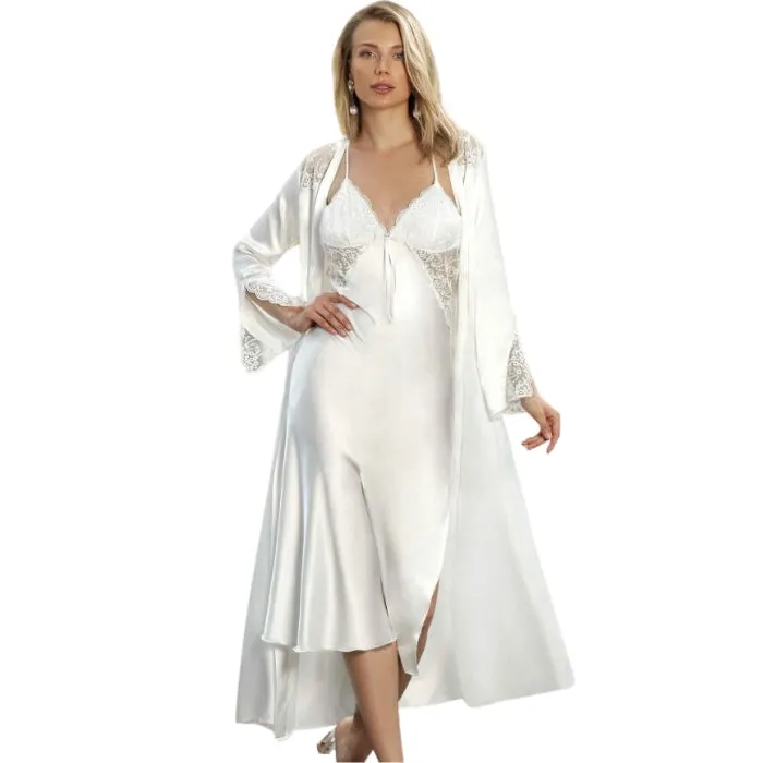 SECDA Anal Long Lace and Satin Nighty Gown Set White