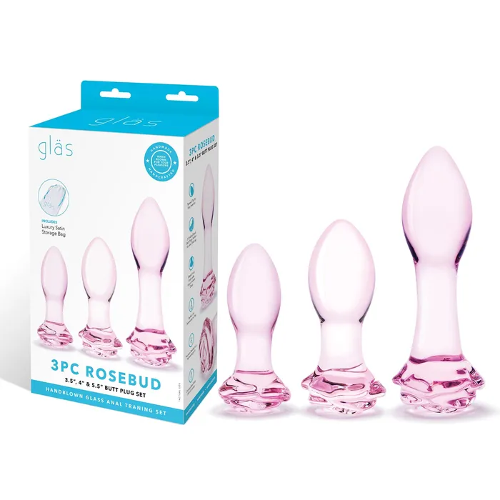 Anal Glas 3 Pc Rosebud Butt Plug Set Pink