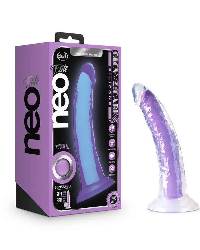 Blush Novelties Dildos Neo Elite Glow in the Dark Light 7 Inch Silicone Dual Density Dildo Neon Purple