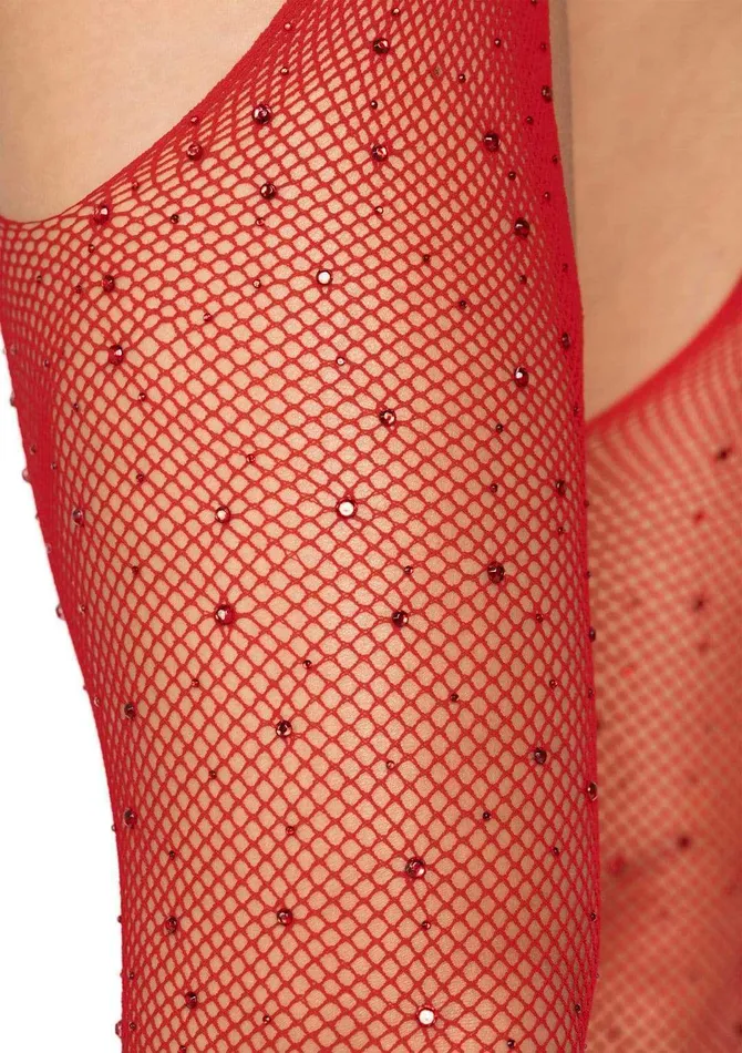 Leg Avenue Vibrators Casey Rhinestone Fishnet Suspender Pantyhose One Size Red