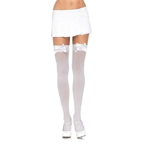 Satin Bow Opaque Thigh Highs Queen Size White Leg Avenue Male Sex Toys